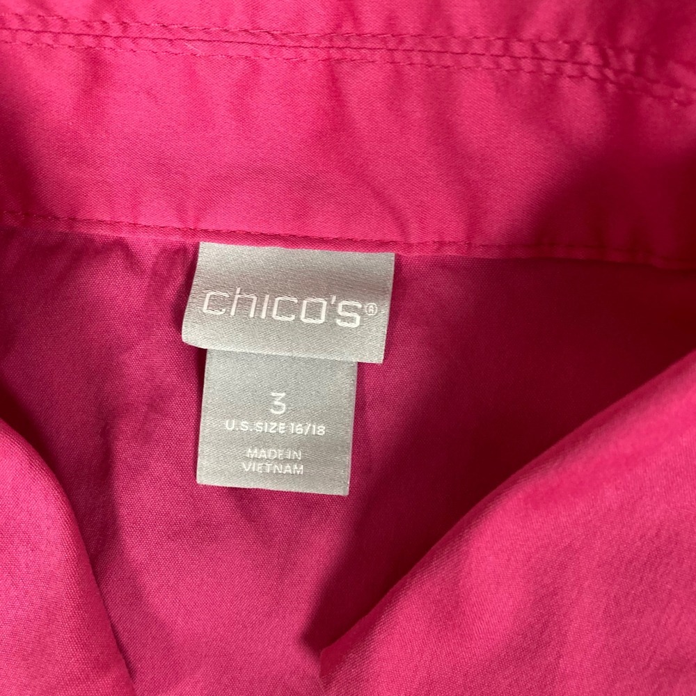 Chicos Hot Pink Cotton Poplin Popover Tunic Top Size 3 XL 16/18 V-Neck - Picture 2 of 7
